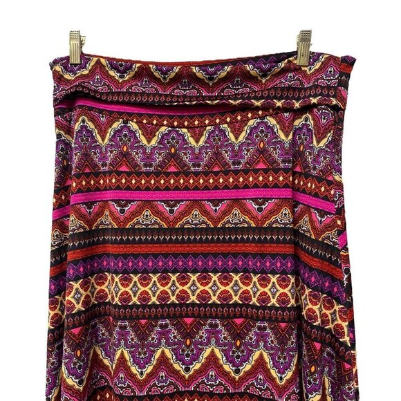LULAROE Boho Midi Skirt Size Large Stretch Jersey Red Aztec Print Pullon High Lo - Picture 2 of 8